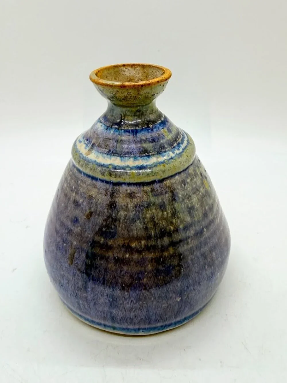Studio Art Pottery Bud Vase Weed Pot Blue Purple Drip Stoneware Signed 4.5
